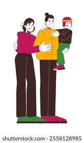 Modern chinese family in winter outerwear 2D cartoon characters. Bonding relationships. Asian mother, father, son hugs isolated people flat vector on white background. Spot illustration colorful