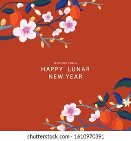 Modern Chinese Lunar New Year seasonal design template in vector. Spring symbolical elements of kumquats, cherry blossom and pussy willow in a harmonised layout. Hand drawn illustration.