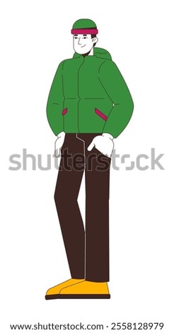 Modern chinese man posing in winter comfortable outerwear 2D cartoon character. Asian guy smiling, hands in pockets isolated person flat vector on white background. Spot illustration colorful