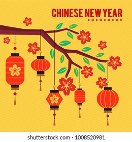 Modern Chinese new year greeting card with element lanterns and sakura tree on background. Idea for Chinese new year day, celebration, festival. Vector illustration.