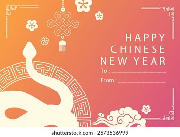 A modern Chinese New Year greeting card with a pink and orange gradient background featuring a minimalist snake design, traditional patterns, and space to personalize "To" and "From" details.