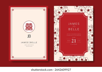 Modern Chinese wedding card vector set. Luxury invitation card design with poppy flower line art on red and beige. Illustration for vip cover, poster, rsvp modern card, Chinese New Year.