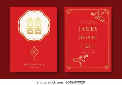 Conjunto de vetor de cartão de casamento chinês moderno. Design de cartão de convite de luxo com flor, fetiche, quadro em vermelho. Ilustração para capa vip, cartaz, cartão moderno rsvp, Ano Novo Chinês.