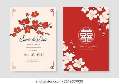 Modern Chinese wedding card vector set. Luxury invitation card design with cherry blossom flower, stalk on red and beige. Illustration for vip cover, poster, rsvp modern card, Chinese New Year.