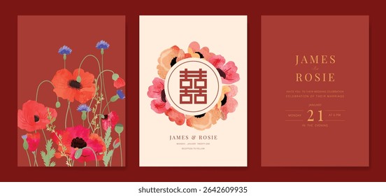 Modern Chinese wedding card vector set. Luxury invitation card design with watercolor poppy flower on red and beige. Illustration for vip cover, poster, rsvp modern card, Chinese New Year.