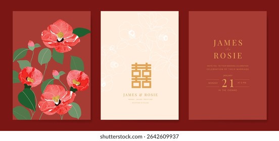 Modern Chinese wedding card vector set. Luxury invitation card design with watercolor poppy flower on red and beige. Illustration for vip cover, poster, rsvp modern card, Chinese New Year.