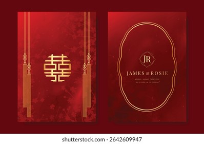 Conjunto de Vector de tarjeta de boda chino moderno. Diseño de tarjeta de invitación de lujo con flor, colgante chino, marco sobre fondo rojo. Ilustración para portada vip, póster, tarjeta moderna rsvp, año Nuevo chino.