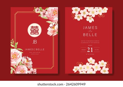 Conjunto de vetor de cartão de casamento chinês moderno. Design de cartão de convite de luxo com rosa aquarela, flor de flor de cereja de ouro em vermelho. Ilustração para capa vip, cartaz, cartão moderno rsvp, Ano Novo Chinês.