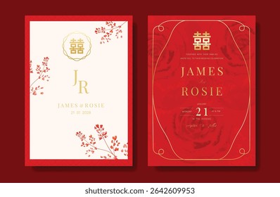 Modern Chinese wedding card vector set. Luxury invitation card design with watercolor flower, frame on red and white. Illustration for vip cover, poster, rsvp modern card, Chinese New Year.