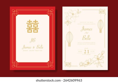 Modern Chinese wedding card vector set. Luxury invitation card design with gold line poppy flower lantern frame on red and beige. Illustration for vip cover, poster, rsvp modern card,Chinese New Year.
