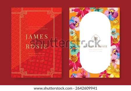 Modern Chinese wedding card vector set. Luxury invitation card design with watercolor orchid, pattern on red and white. Illustration for vip cover, poster, rsvp modern card, Chinese New Year.