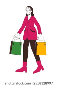 Modern chinese woman shopper happy carrying bags 2D cartoon character. Stylish asian female shopping for holidays isolated person flat vector on white background. Spot illustration colorful