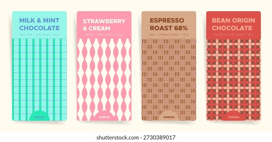 Moderno conjunto de diseño de empaque de barra de chocolate con sabores de menta, fresa, crema y espresso. Plantillas de envoltura geométrica pastel con motivo de celosía sin costuras