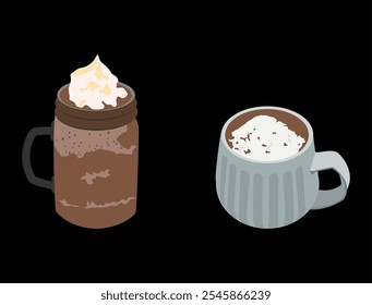 modern chocolate ice with the addition of white cream and hot chocolate mixed with white chocolate. happy and relaxed. black background