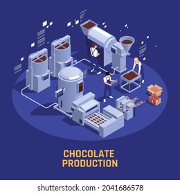 Modern chocolate production promotion poster isometric circular composition with cocoa beans processing machinery high tech background vector illustration