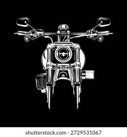 Vista frontal de la motocicleta de estilo chopper moderno con un rastrillo de horquilla larga y amplias barras de arrastre planas. Silueta agresiva de Vector de perfil bajo, color sólido blanco sobre negro.