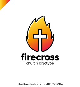 Modern Christianity cross in fire or flame symbol in negative space. orange gradient and black outline