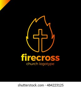 Modern Christianity cross in fire or flame symbol in negative space. orange outline