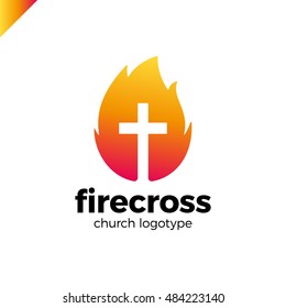 Modern Christianity cross in fire or flame symbol in negative space.