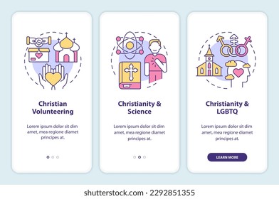 Modern Christianity onboarding mobile app screen. Religion walkthrough 3 steps editable graphic instructions with linear concepts. UI, UX, GUI template. Myriad Pro-Bold, Regular fonts used