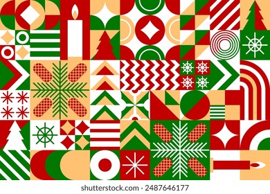 Modern Christmas abstract geometric background with holiday vector Bauhaus pattern. Retro simple mosaic pattern of Christmas tree, candle and snowflake or gift ribbon in Bauhaus geometric shape style