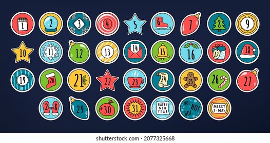 Modern christmas Advent calendar with hand drawn elements for every day of December. DIY creative kit.