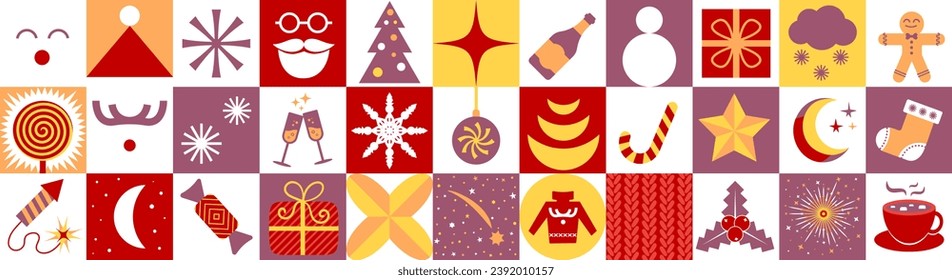 Modern Christmas Advent Calendar Template. A set of simple Christmas elements without dates in retro flat style. Set of New Year symbols. Reindeer, Christmas tree, gift, cocoa cup, red sweater etc.