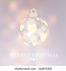 Modern christmas background with christmas ball and bokeh lights and hearts , vector illustration
