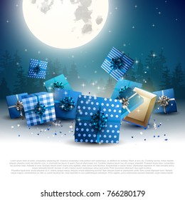 Modern Christmas background with blue gifts in front of a night landscape