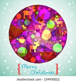 Modern Christmas background with the xmas baubles, fir trees, moose and snowflakes. Xmas design elements in shape of sparkling geometrical circle.