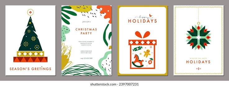 Modern Christmas backgrounds with stylized Christmas tree, snowflakes, abstract elements, gift box. Scandinavian style. For graphic and web design, social media banner.