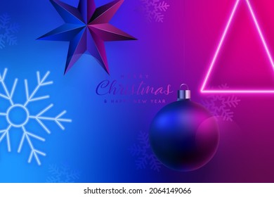 Modern Christmas banner in night club. Neon snowflake and christmas tree. Xmas ball and star. Greeting New Year  banner. Futuristic festive background.