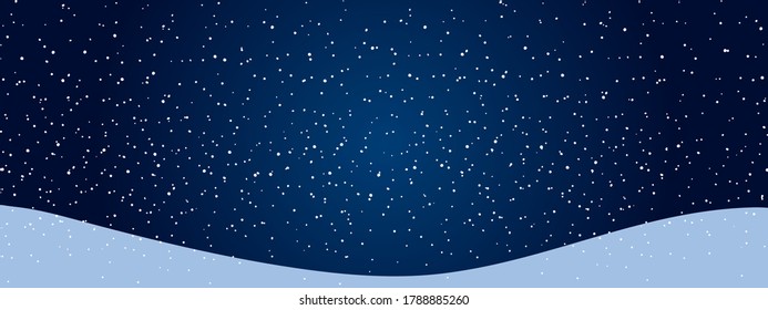 Modern christmas banner with snow and blue night sky. Christmas background with copy space. Simple seasonal holiday flat illustration. Stock vector