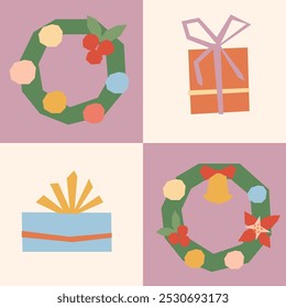 Modern Christmas block seamless pattern. Hand drawn minimalist square icons with wreaths and gift boxes in hand drawn geometric style. Abstract retro xmas repeated background for banner, wrapping