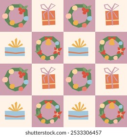 Las Navidades modernas bloquean el patrón sin fisuras. Iconos cuadrados minimalistas dibujados a mano con coronas y cajas de regalo en estilo geométrico dibujado a mano. Fondo repetido Abstractas retro de Navidad para el Anuncio, envoltura