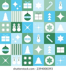 Modern Christmas blue and green pattern. Cute Christmas tiles design. Fresh geometric cartoon style.