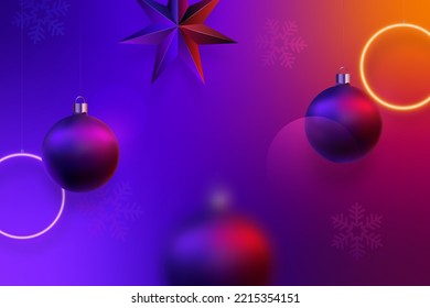 Moderner, heller Neonfuturistischer Hintergrund. Hanging realistische violette und orangefarbene Neonringe, Bälle, Stern. Der Effekt der Bewegung der Weihnachtsbälle ist unscharf. 