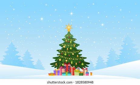 Modern Christmas card with copy space. Decorated Christmas tree with gifts on the background of a winter landscape, winter snowfall. Flat vector illustration for design