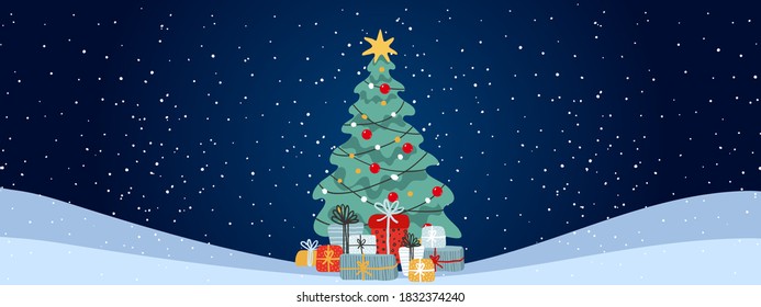 Modern Christmas card with copy space. Decorated Christmas tree with gifts on the background of a winter landscape, winter snowfall. Flat vector illustration for design