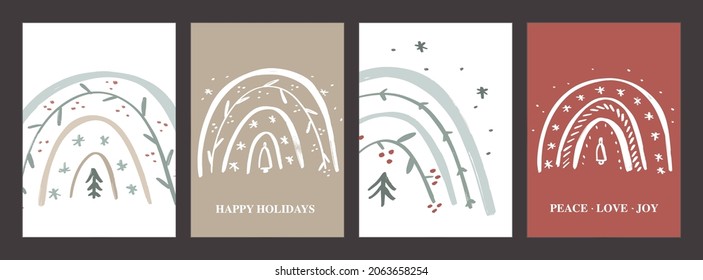 Modern Christmas card design with abstract rainbows, trees and greetings. Winter holiday vector hand drawn poster or banner set. Minimalist scandinavian graphic partly hidden under mask.