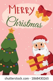 Modern Christmas card flat stylish design. Creative design with Santa and Christmas tree