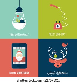 Modern Christmas card flat  stylish design. Set of Christmas cards with Santa, deer, light bulb and telephone