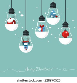 Modern Christmas card flat  stylish design. Creative design with hanging light bulbs