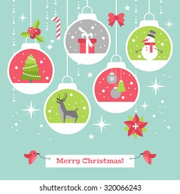 Modern Christmas card flat stylish design with decoration balls. Vector illustration