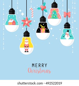 Modern Christmas card flat  stylish design. Creative design with hanging light bulbs and decorations