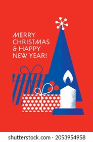 Modern Christmas card with gifts, Christmas tree and candle
