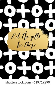 Modern Christmas card with grunge holiday element. Golden, black and white. Handmade.