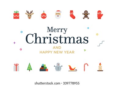 Modern Christmas Card with icons. Minimalistic Merry Christmas illustration