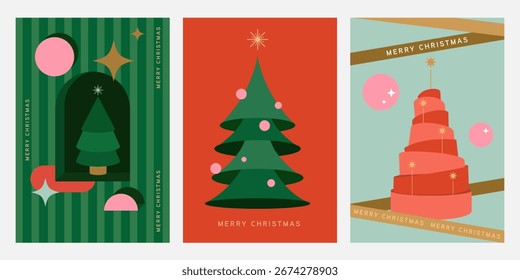 A modern Christmas card set featuring abstract holiday trees with geometric shapes and minimalist decorations, perfect for festive invitations, posters, and banners.