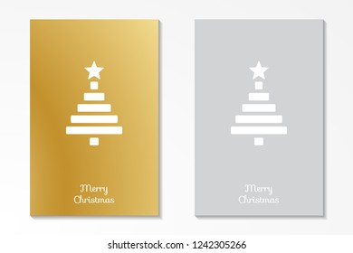 Modern christmas card set in gold and silver colors with minimal style christmas tree symbol and merry christmas text.